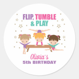 Pegatina Redonda Cumpleaños de niña de gimnasia rosa púrpura turque