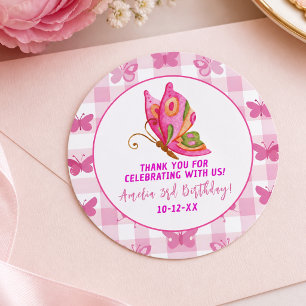 Pegatina Redonda Cumpleaños de niña elegante mariposa rosa dorado p