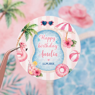 Pegatina Redonda Cumpleaños de niña fiesta en la piscina con rayas
