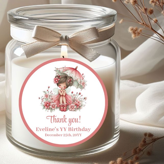 Pegatina Redonda Cumpleaños de niña flores de hada caprichosas rosa (Blush Pink Whimsical Fairy Flowers Girl Birthday Stickers)