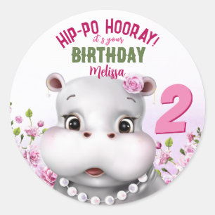 Pegatina Redonda Cumpleaños de niña Hippo Pink Floral