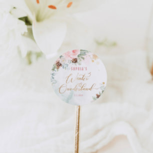 Pegatina Redonda Cumpleaños de niña onederland de invierno rosa son