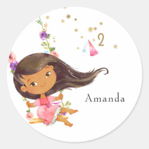 Pegatina Redonda Cumpleaños de niña princesa rosa y dorado 2 años