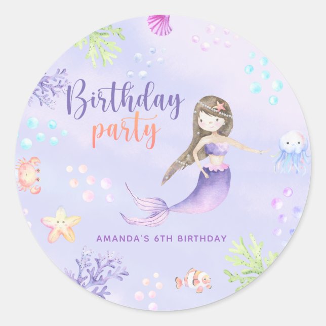 Pegatina Redonda Cumpleaños de niña sirena (Anverso)