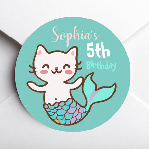 Pegatina Redonda Cumpleaños de niña Sirena de gato linda Meowmaid P