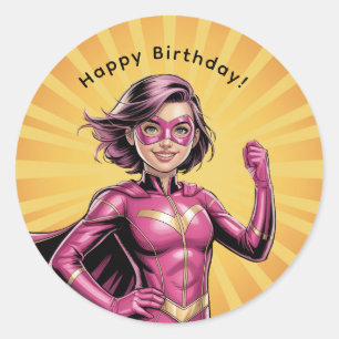 Pegatina Redonda Cumpleaños de niña superheroína rosa