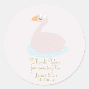 Pegatina Redonda Cumpleaños de niñas con cisne lindo lazo rosa