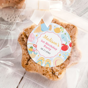 Pegatina Redonda Cumpleaños de niñas con doodle pastel de playa cos