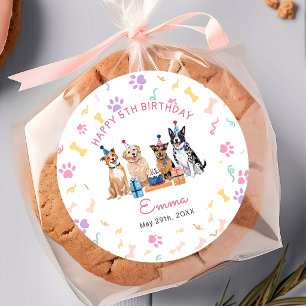 Pegatina Redonda Cumpleaños de niñas con perro cachorro lazo rosa