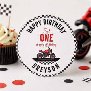 Pegatina Redonda Cumpleaños de Niño de 1 año con Tema de Moto de Ca