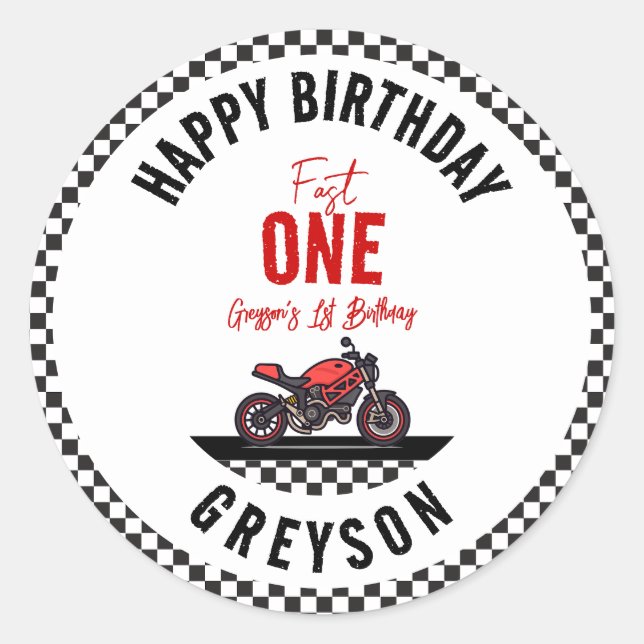 Pegatina Redonda Cumpleaños de Niño de 1 año con Tema de Moto de Ca (Anverso)