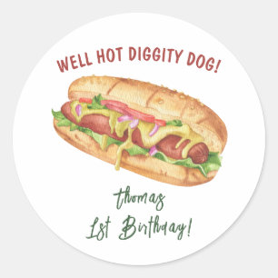 Pegatina Redonda Cumpleaños de niños con hot dog acuarela
