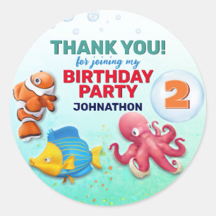 Pegatina Redonda Cumpleaños de niños con peces tropicales coloridos