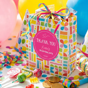 Pegatina Redonda Cumpleaños de niños de rosa brillante agradecer