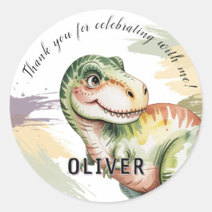 Pegatina Redonda Cumpleaños de niños dinosaurios Agradecimiento