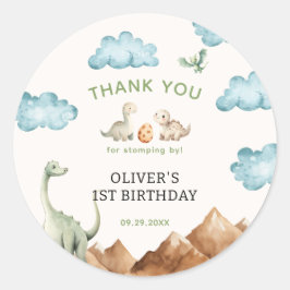 Pegatina Redonda Cumpleaños de niños dinosaurios gracias