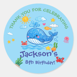 Pegatina Redonda Cumpleaños de niños Tema Ballena Verano Gracias 