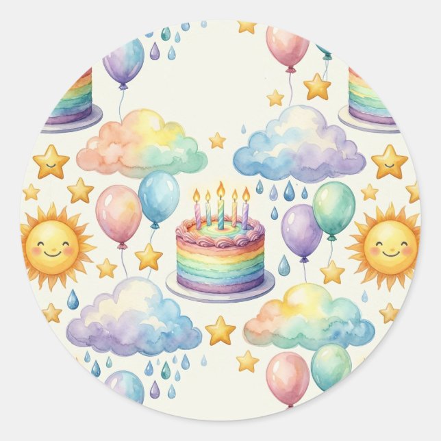 Pegatina Redonda Cumpleaños de Nube de Arcoíris (Anverso)