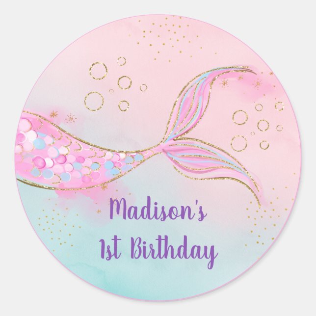 Pegatina Redonda Cumpleaños de Oro Rosa de Sirena (Anverso)