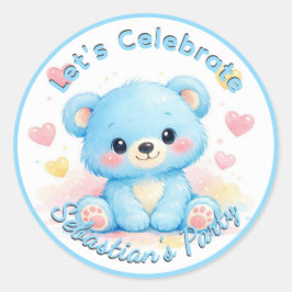 Pegatina Redonda Cumpleaños de osito bebé azul lindo