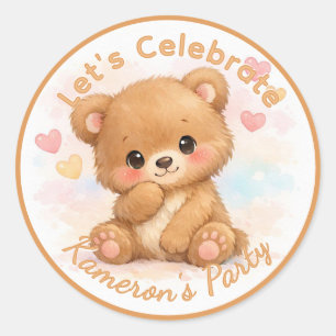 Pegatina Redonda Cumpleaños de oso bebé neutral lindo