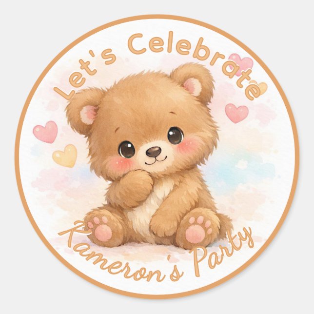 Pegatina Redonda Cumpleaños de oso bebé neutral lindo (Anverso)
