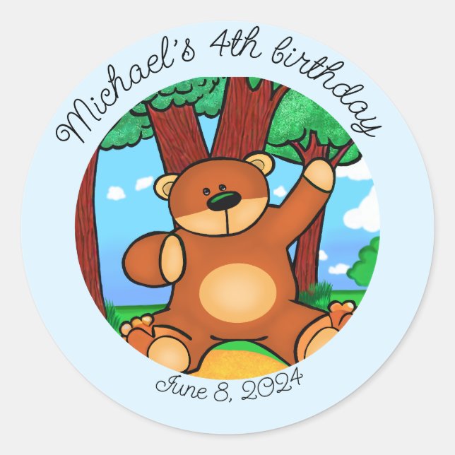 Pegatina Redonda Cumpleaños de oso en pradera  (Anverso)