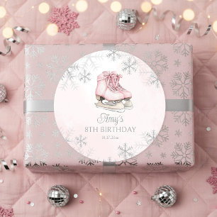 Pegatina Redonda Cumpleaños de patinaje sobre hielo rosa con brillo