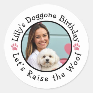 Pegatina Redonda Cumpleaños de perro personalizado con foto Levanta