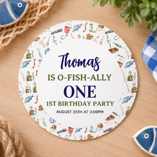 Pegatina Redonda Cumpleaños de pesca 1er O-Fish-Ally Una fiesta