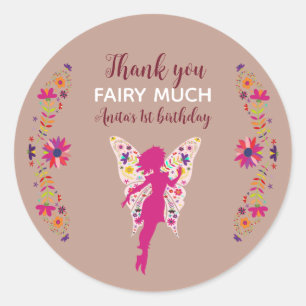 Pegatina Redonda Cumpleaños de Pink Fairy 1er año agradecimiento Cl