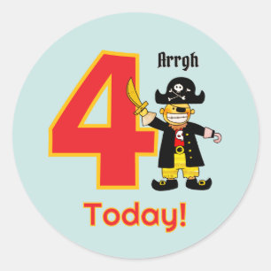 Pegatina Redonda Cumpleaños de pirata lindo de 4 años Ahoy Four Tod