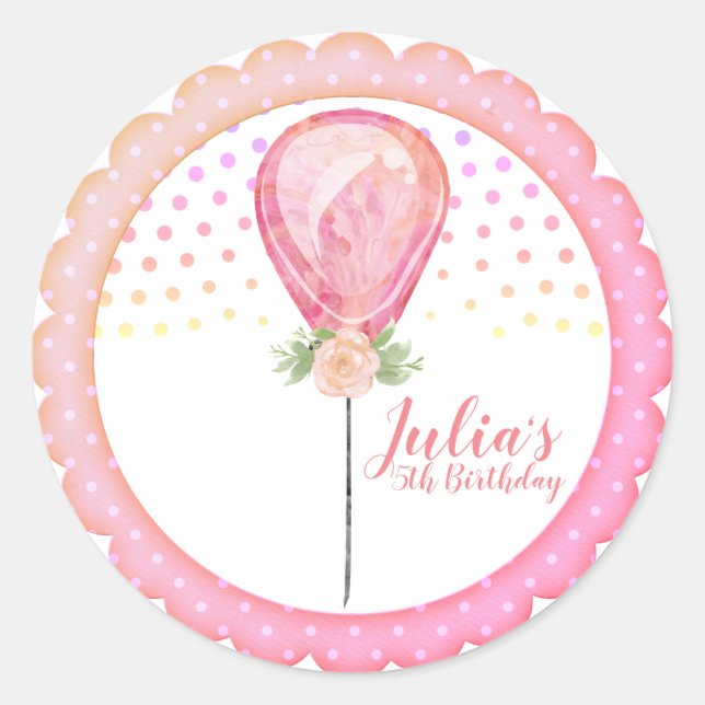 Pegatina Redonda cumpleaños de polo de globo rosa Rubor (Anverso)