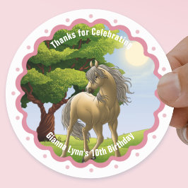 Pegatina Redonda Cumpleaños de pony Palomino dorado gracias