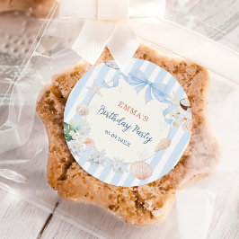 Pegatina Redonda Cumpleaños de rayas azules y blancas de conchas ma
