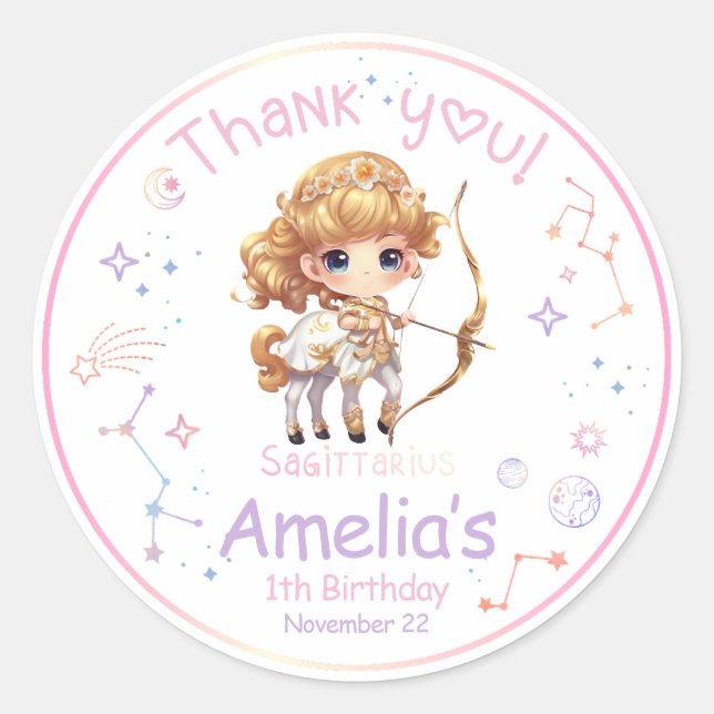 Pegatina Redonda Cumpleaños de Sagittarius Zodiac (Anverso)
