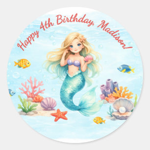Pegatina Redonda Cumpleaños de Sirena Acuarela