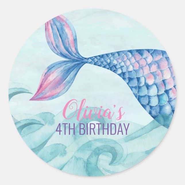 Pegatina Redonda Cumpleaños de sirena acuarela (Anverso)