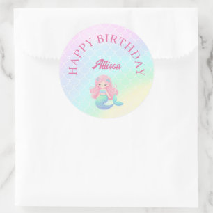 Pegatina Redonda Cumpleaños de sirena rosa teal femenino