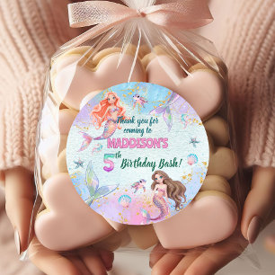 Pegatina Redonda Cumpleaños de sirenas con purpurina rosa y morada