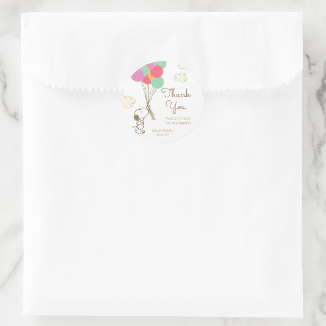 Pegatina Redonda Cumpleaños de Snoopy y Balloons (Bolso)