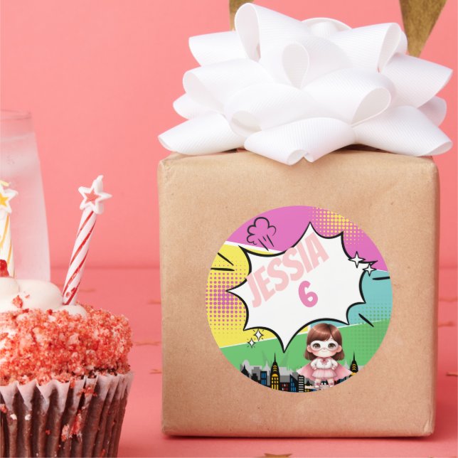 Pegatina Redonda Cumpleaños de superhéroes (Fiesta)