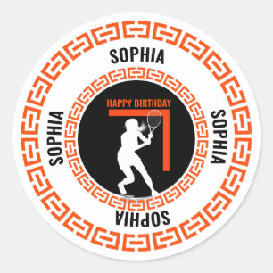 Pegatina Redonda Cumpleaños de tenis, jugadora de tenis chica