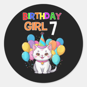 Pegatina Redonda Cumpleaños de un Gato Infantil 7 Chicas de la Fies