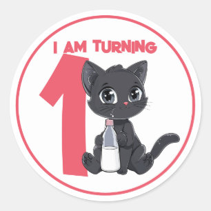 Pegatina Redonda Cumpleaños de un gato negro Personalizado lindo