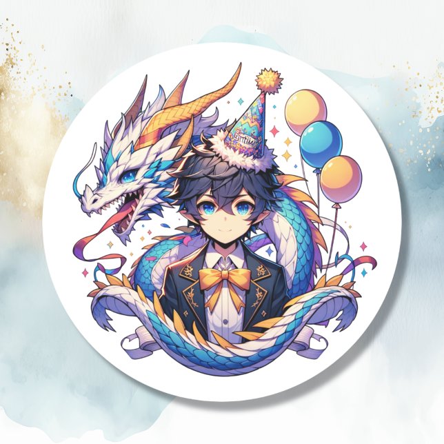 Pegatina Redonda Cumpleaños de un niño de un dragón anime (Subido por el creador)
