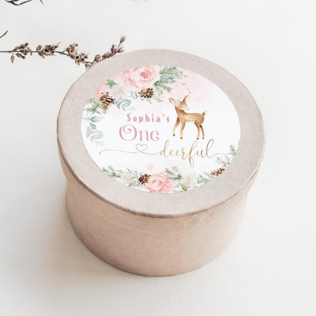 Pegatina Redonda Cumpleaños de una niña de 1 año con un ciervo sonr (Subido por el creador)