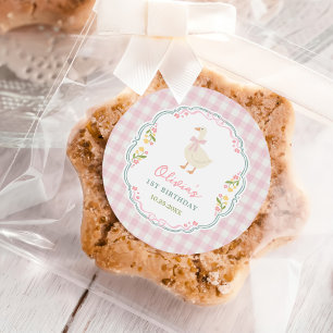 Pegatina Redonda Cumpleaños de una niña tonta gansa con lazo rosa