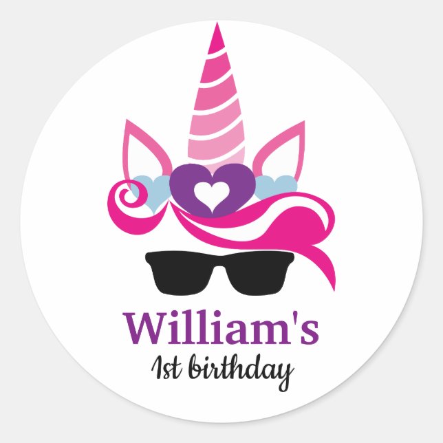 Pegatina Redonda Cumpleaños de Unicornio (Anverso)