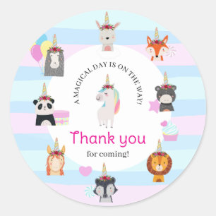 Pegatina Redonda Cumpleaños de Unicornio "Amigos del Bosque Mágico"